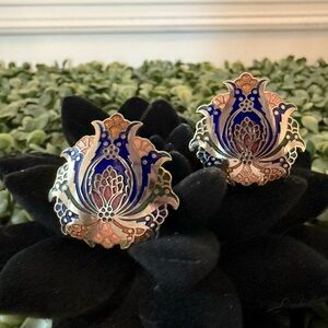 Vintage Cloisonné Lotus Flower Enamel Clip-On Earrings Blue Pink Silver Tone